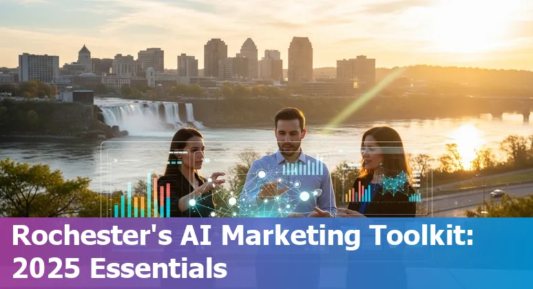 Collage of AI marketing tools logos including Jasper, MarketMuse, ManyChat, Seventh Sense, SurferSEO, SEMrush, Grammarly, HubSpot, Phrasee, and Acrolinx over Rochester skyline.
