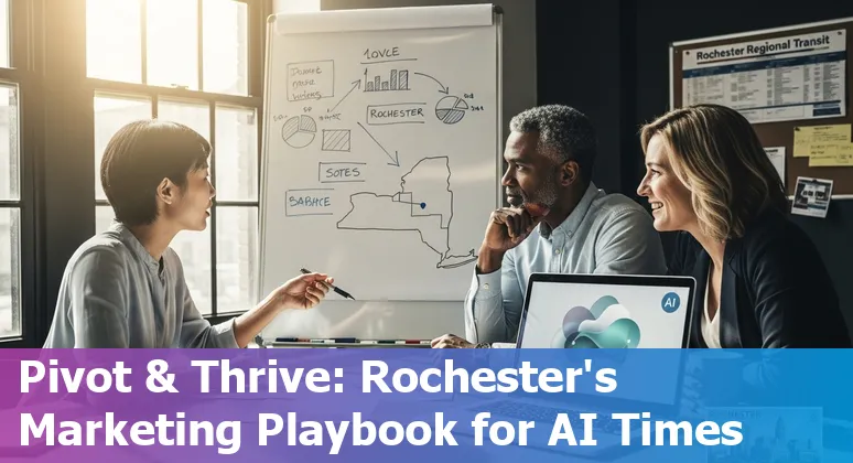 Rochester, New York marketer using AI tools while meeting with local business partners in Rochester, New York.