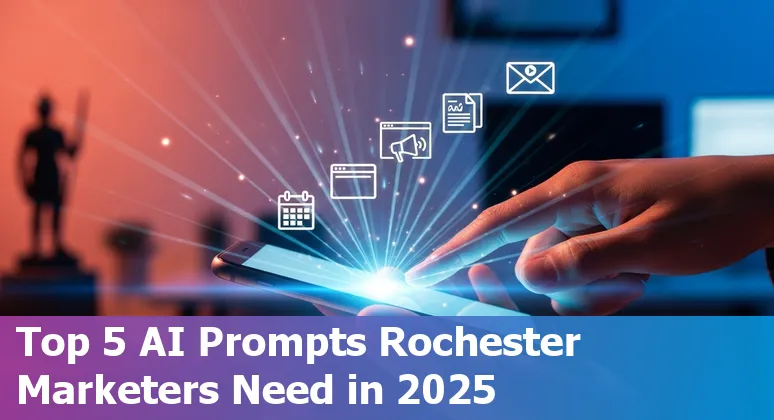 Illustration of Rochester skyline with AI prompt icons for content, ads, landing pages, reports, and emails.