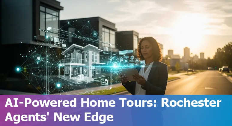 Real estate agent using AI tools with Rochester, New York skyline overlay in 2025