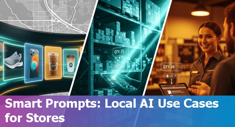 Retail store with AI icons and Rochester skyline — prompts and use cases for retailers.