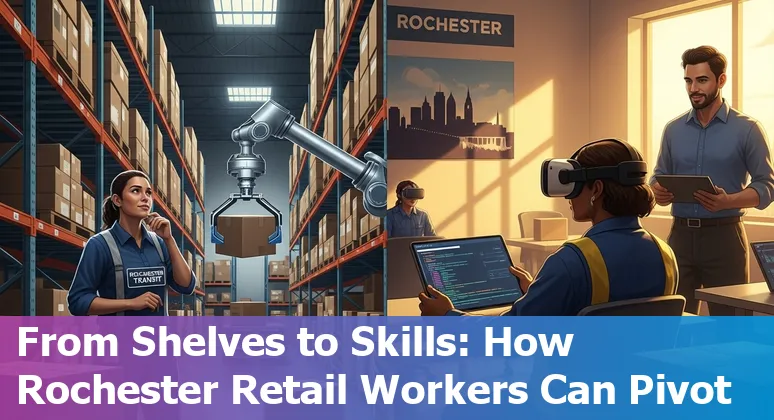 Retail workers in Rochester learning digital skills with a local trainer beside a grocery store Checkout and a warehouse in the background.