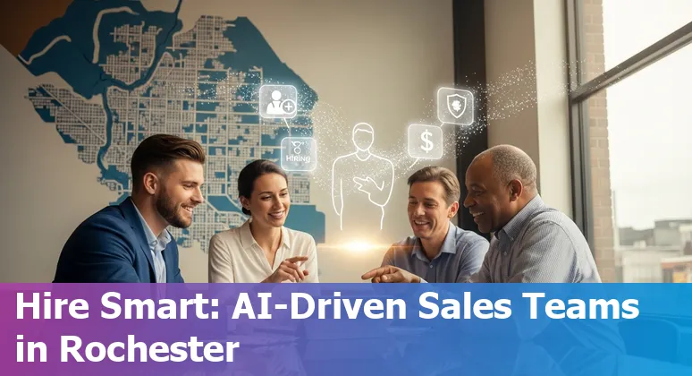 Sales professional using AI tools with Rochester, New York skyline in the background, 2025