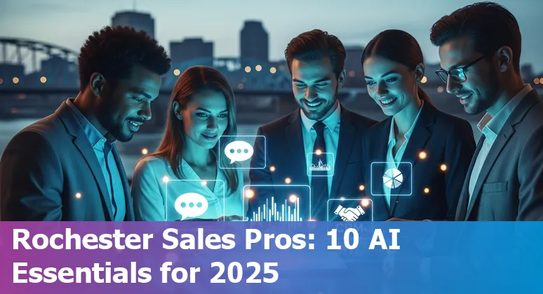 Sales professional using AI tools on laptop with Rochester skyline in background