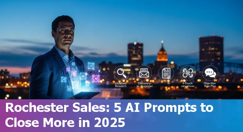 Sales professional using AI prompts on laptop with Rochester skyline in background