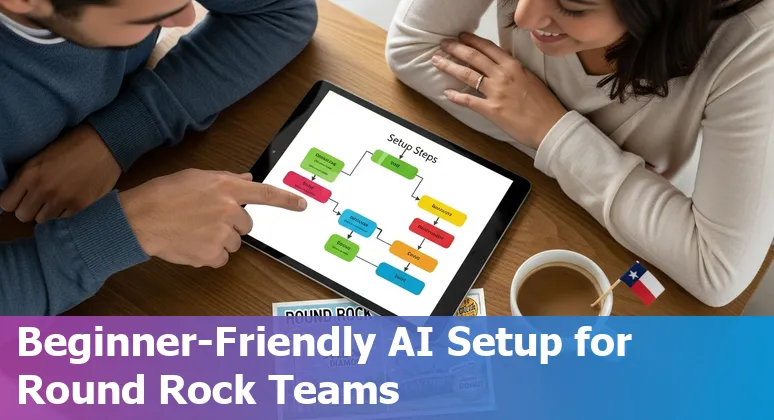 Customer service professional in Round Rock using AI chatbots, ticketing, and SMS tools on laptop with Austin skyline in background