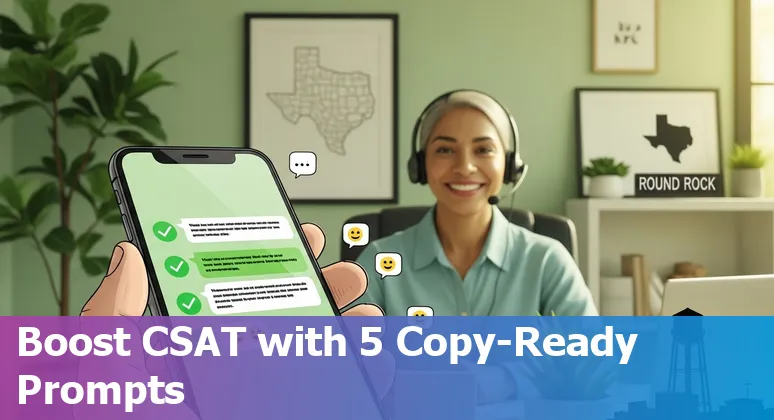 Customer service agent using AI prompts on a laptop in Round Rock, Texas, with helpful chat summaries on screen.