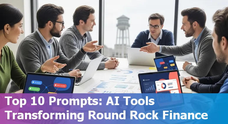 Illustration of AI in banking: chatbot, charts, and Round Rock TX skyline.