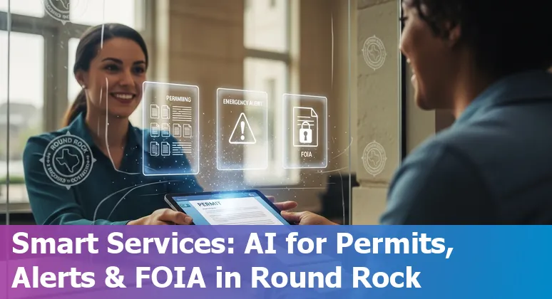 Round Rock City Hall with icons representing AI chatbots, alerts, permits, and data protection