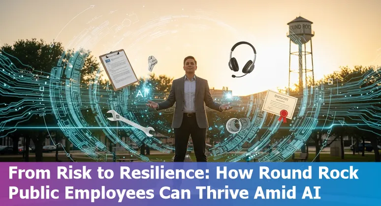 City hall clerk at a computer, a chatbot icon and permit documents showing AI automation in local government.