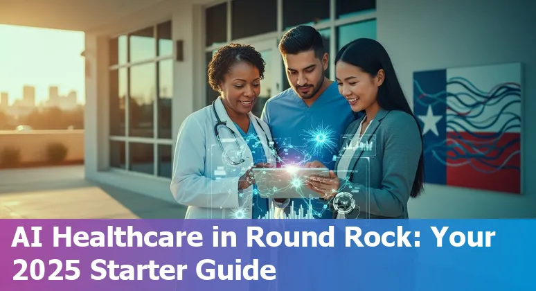 Healthcare AI tools and digital twin concept overlayed on Round Rock, Texas hospital skyline image