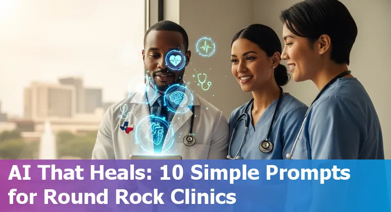 Healthcare worker using AI tools on a tablet with Round Rock skyline overlay