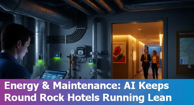 Hotel lobby with AI chatbot kiosk and smart HVAC dashboard in Round Rock, Texas, US