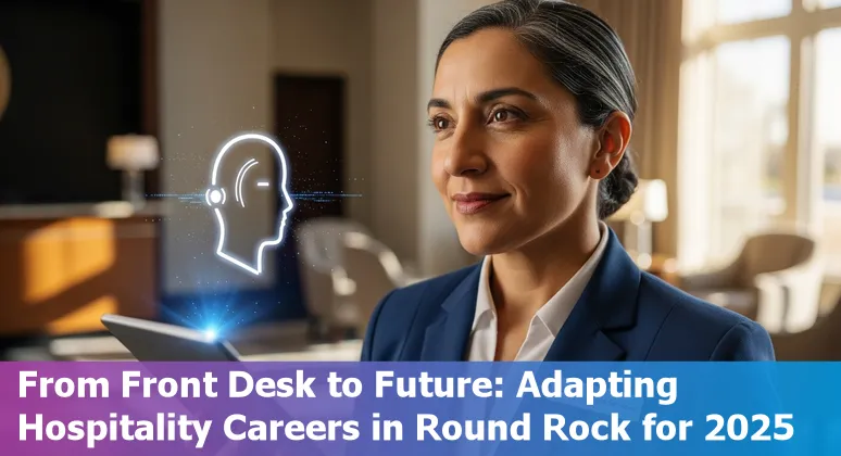 Hotel front desk with a digital kiosk and staff member coaching guests on mobile check-in in Round Rock, Texas