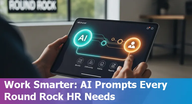 HR professional using AI prompts on a laptop to draft benefits communications in Round Rock office.