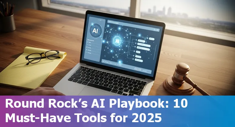 Round Rock attorney using AI tools on laptop with skyline of Round Rock, Texas in background