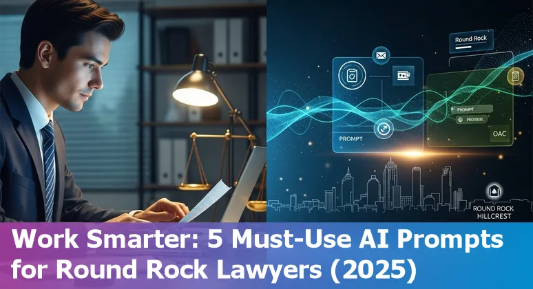 Lawyer at desk using AI tools on laptop with Round Rock, Texas skyline in the background.