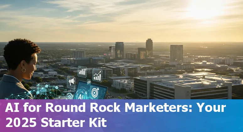 Round Rock, Texas skyline with Dell Technologies HQ at 1 Dell Way and icons representing AI marketing tools