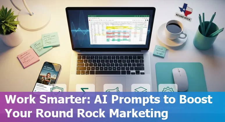 Marketing professional using AI prompts on a laptop with a Round Rock, Texas skyline backdrop.