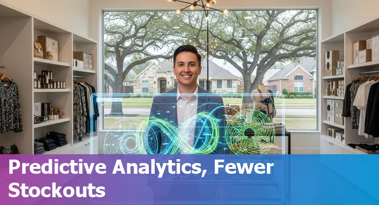 Round Rock, Texas, US retail storefront with AI icons representing automation, inventory, and delivery optimization