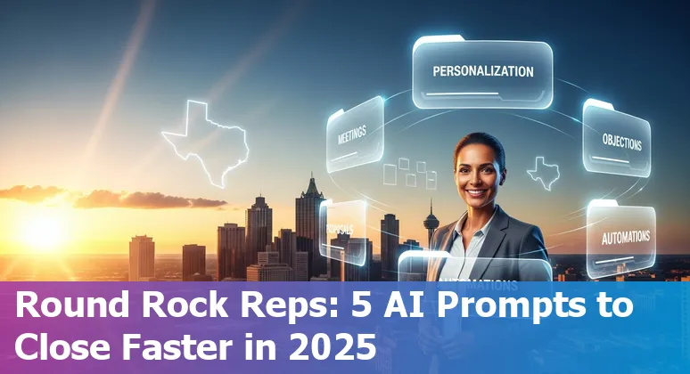 Sales professional in Round Rock using AI-powered prompts on a smartphone and laptop, with Round Rock skyline in background.