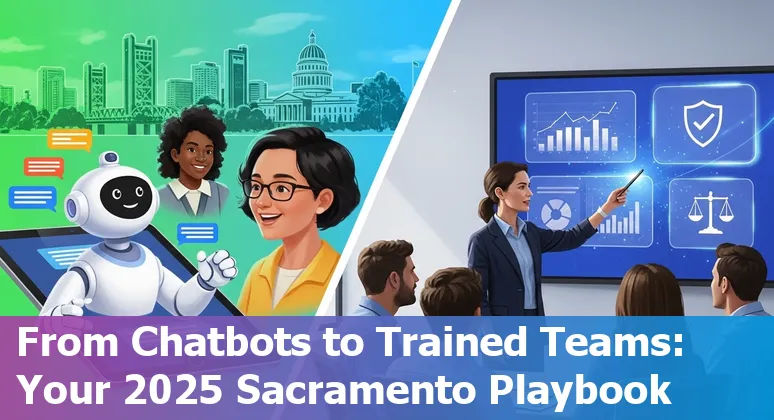 Customer service rep using AI tools in Sacramento, California in 2025 with HPE and training resources visible