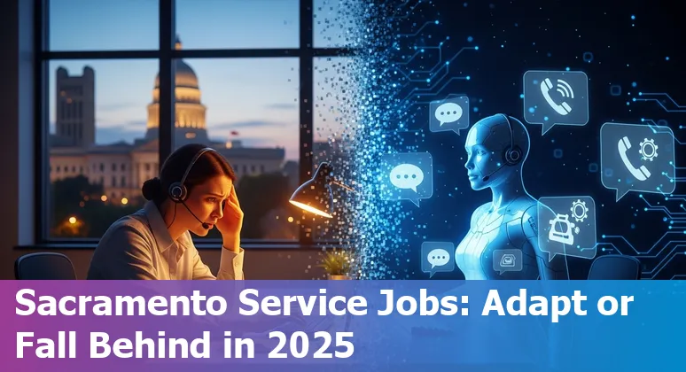 Customer service worker using AI tools with Sacramento, California skyline in background