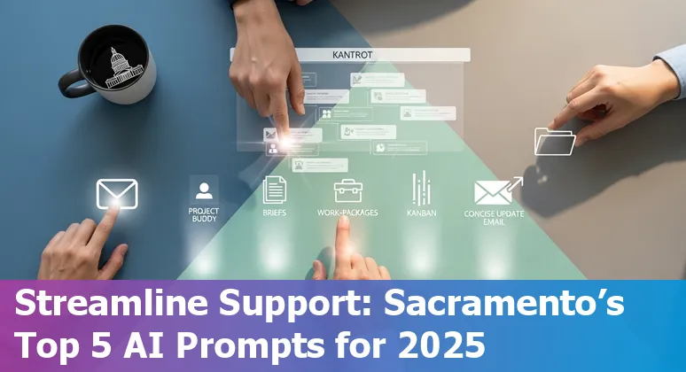 Customer service agent using AI prompts on a laptop with a Sacramento skyline background.