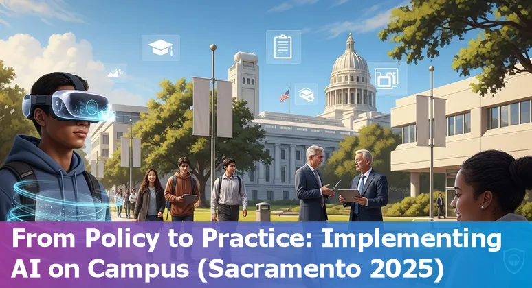 Educators using AI tools on laptops at a Sacramento, California campus in 2025