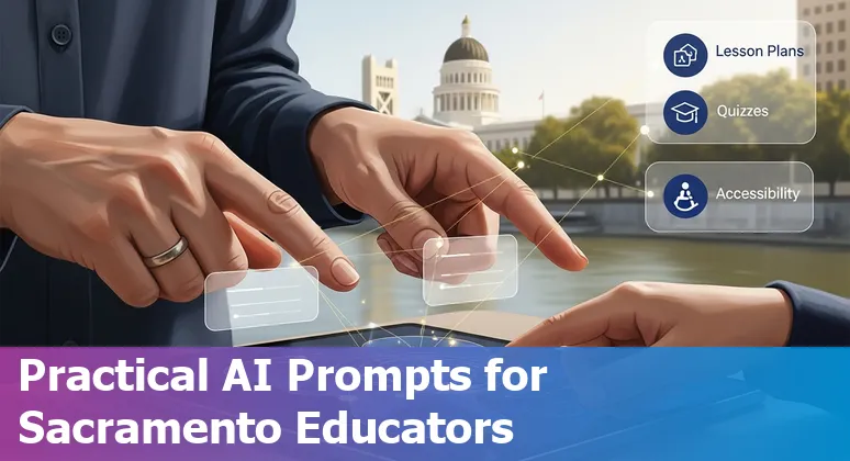 Teacher using AI prompts on a laptop in a Sacramento classroom with students and Capitol building skyline visible.