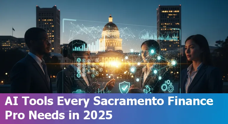 Sacramento finance professional reviewing AI tool dashboard with Sacramento skyline in background.