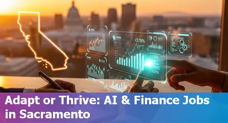 Finance worker using AI tools in Sacramento, California — city skyline with City Hall and AI icons