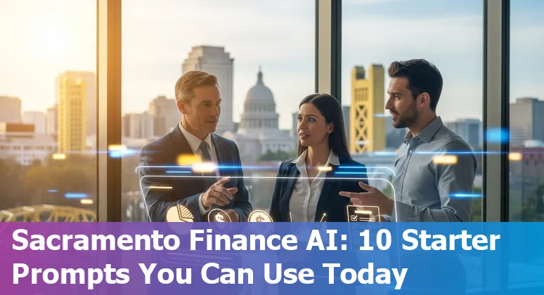 Illustration of AI-driven financial services in Sacramento skyline with icons for chatbots, fraud detection, and forecasting.