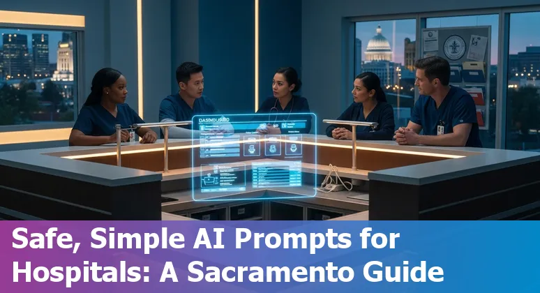 Healthcare AI in Sacramento: clinician using AI assistant to review patient data on tablet with city skyline in background