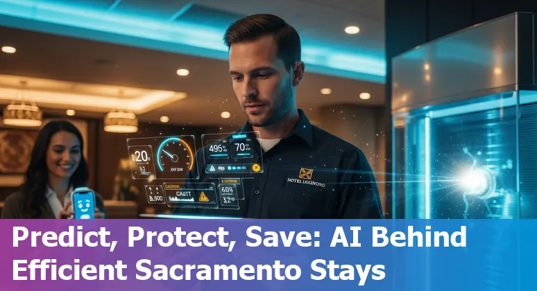 Hotel lobby with AI chatbot kiosk and energy dashboard in Sacramento, California hotel