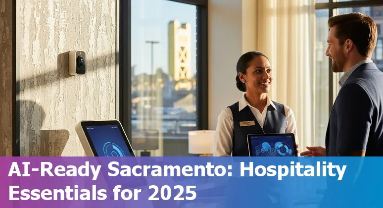 Hotel lobby using AI technology in Sacramento, California — guests interacting with smart check-in and staff using AI tools
