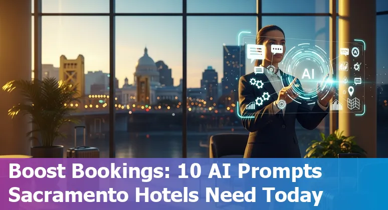 Hotel lobby with concierge tablet displaying AI chatbot recommendations and Sacramento skyline in background