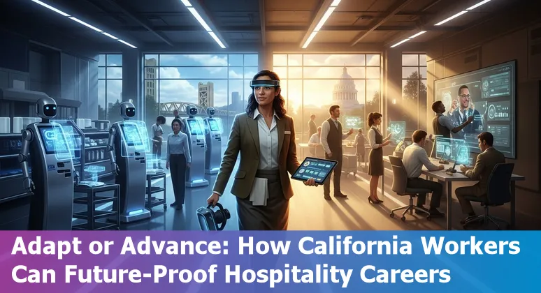 Hotel front desk kiosk, housekeeping robot, and HR professional reviewing AI dashboards in Sacramento