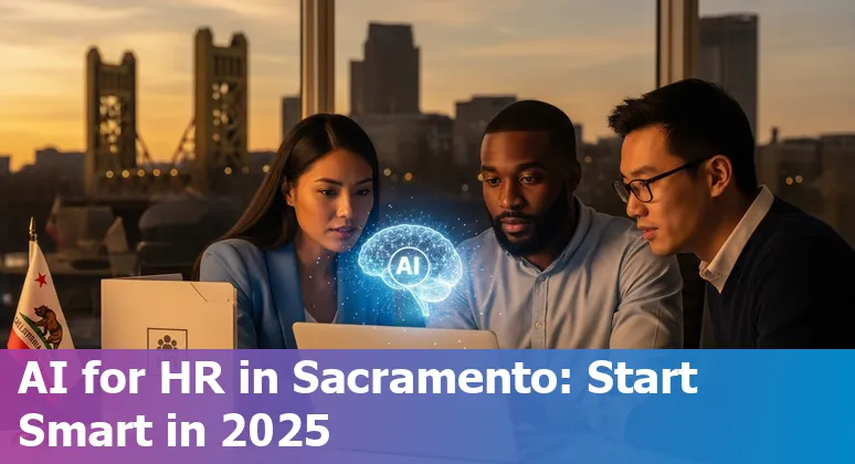 HR professional using AI tools in Sacramento, California skyline background — 2025 guide