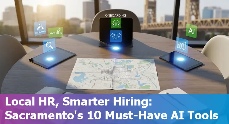Collage of HR tools logos and Sacramento skyline representing AI tools for HR professionals in 2025