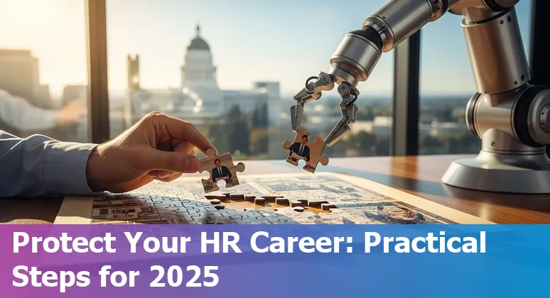 HR professional using AI tools in an office with Sacramento, California skyline visible