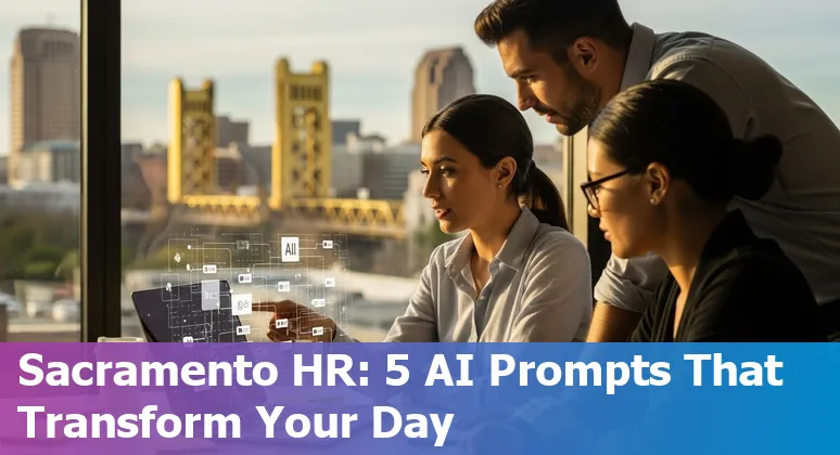 HR professional in Sacramento using AI prompts on a laptop with Sacramento skyline in background