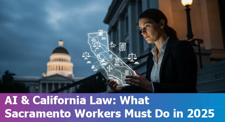 Lawyer reviewing AI compliance documents near the California State Capitol in Sacramento, California
