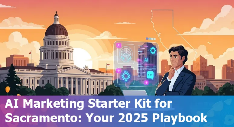 Marketer using AI tools on a laptop with Sacramento, California skyline in the background