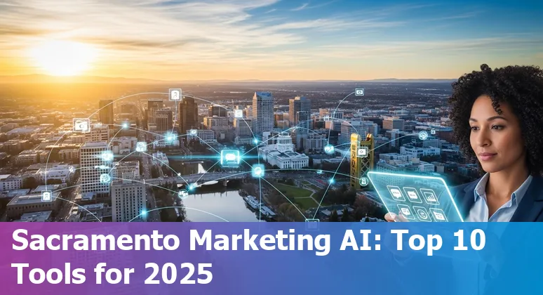 Collage of AI marketing tools logos with Sacramento skyline silhouette in the background.