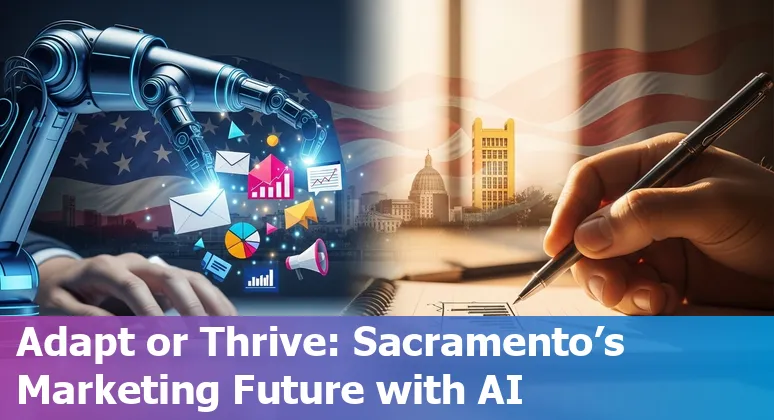 Marketing professional using AI tools in Sacramento, California skyline background - 2025 guidance