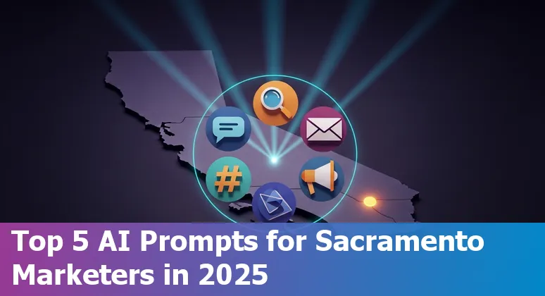 Marketing professional in Sacramento using AI prompts on a laptop with Sacramento skyline in background