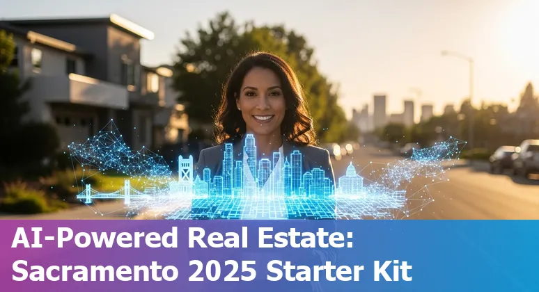 Sacramento, California real estate agent using AI tools on a laptop in front of a city home