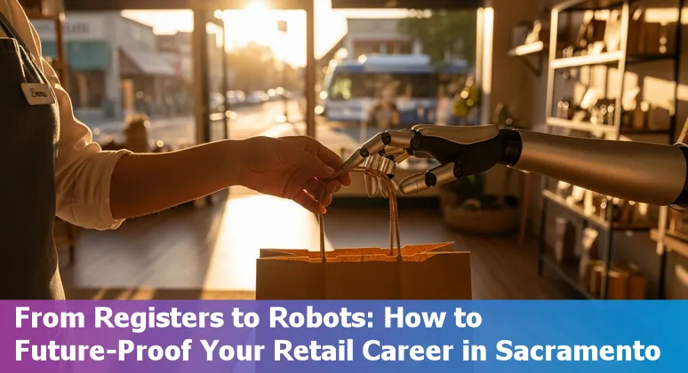Retail worker using a tablet at a Sacramento store counter with self-checkout lanes in the background
