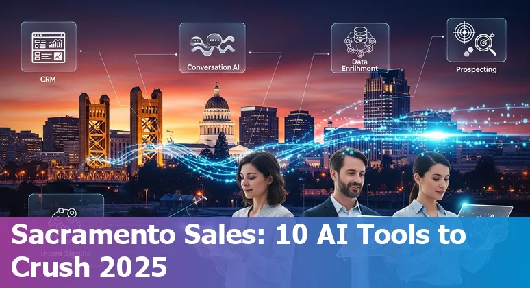 Collage of AI sales tools logos over a Sacramento skyline with sales reps using laptops and smartphone.